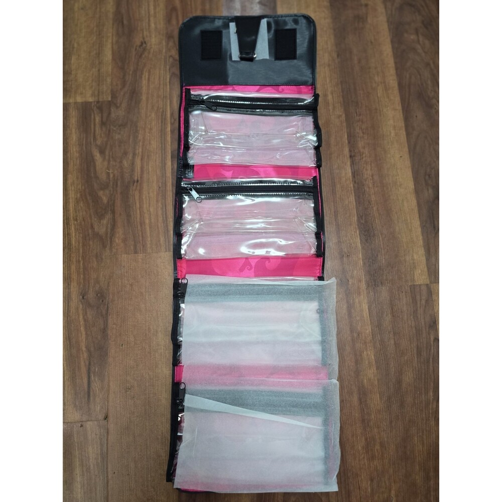 Mary Kay Cosmetic Travel Roll Up Makeup Toiletry Storage Bag Black Pink Interior